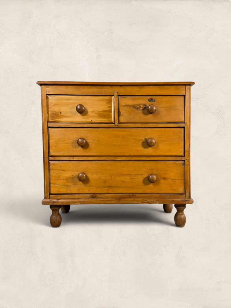 English Pine Chest of Drawers With Turned Bun Feet