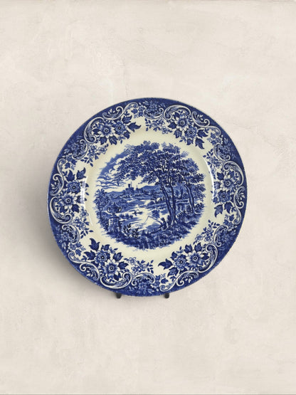 English Blue & White Transferware Broadhurst Staffordshire Ironstone Dinner Plates, Set of 3