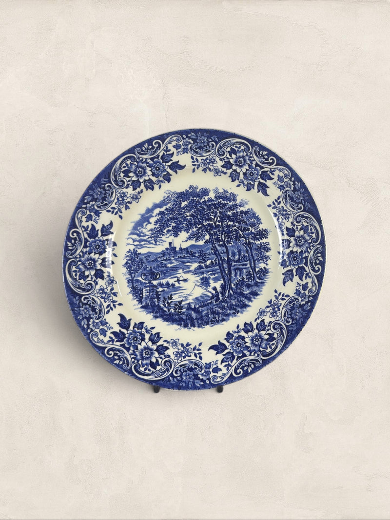 English Blue & White Transferware Broadhurst Staffordshire Ironstone Dinner Plates, Set of 3
