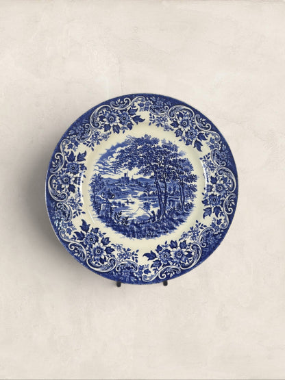 English Blue & White Transferware Broadhurst Staffordshire Ironstone Dinner Plates, Set of 3