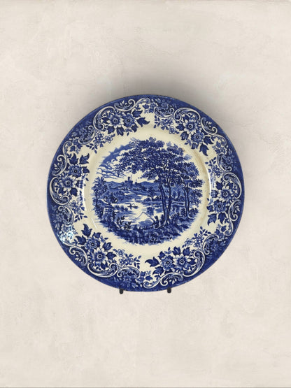 English Blue & White Transferware Broadhurst Staffordshire Ironstone Dinner Plates, Set of 3