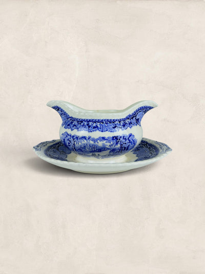 Mason Victorian blue-and-white transfer-printed gravy boat and stand