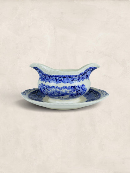 Mason Victorian blue-and-white transfer-printed gravy boat and stand