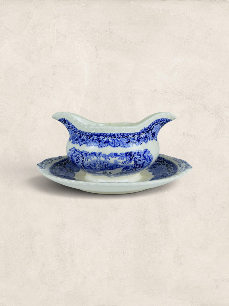 Mason Victorian blue-and-white transfer-printed gravy boat and stand
