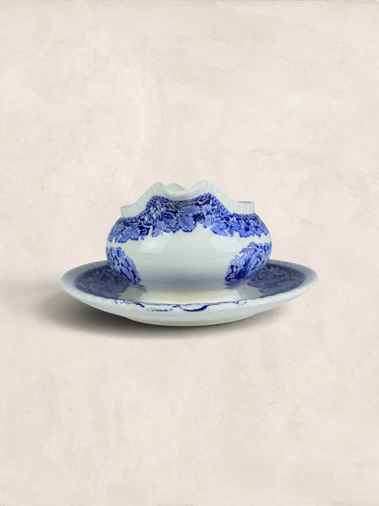 Mason Victorian blue-and-white transfer-printed gravy boat and stand
