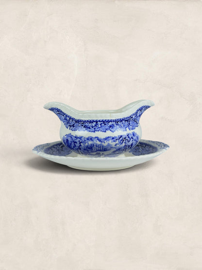Mason Victorian blue-and-white transfer-printed gravy boat and stand