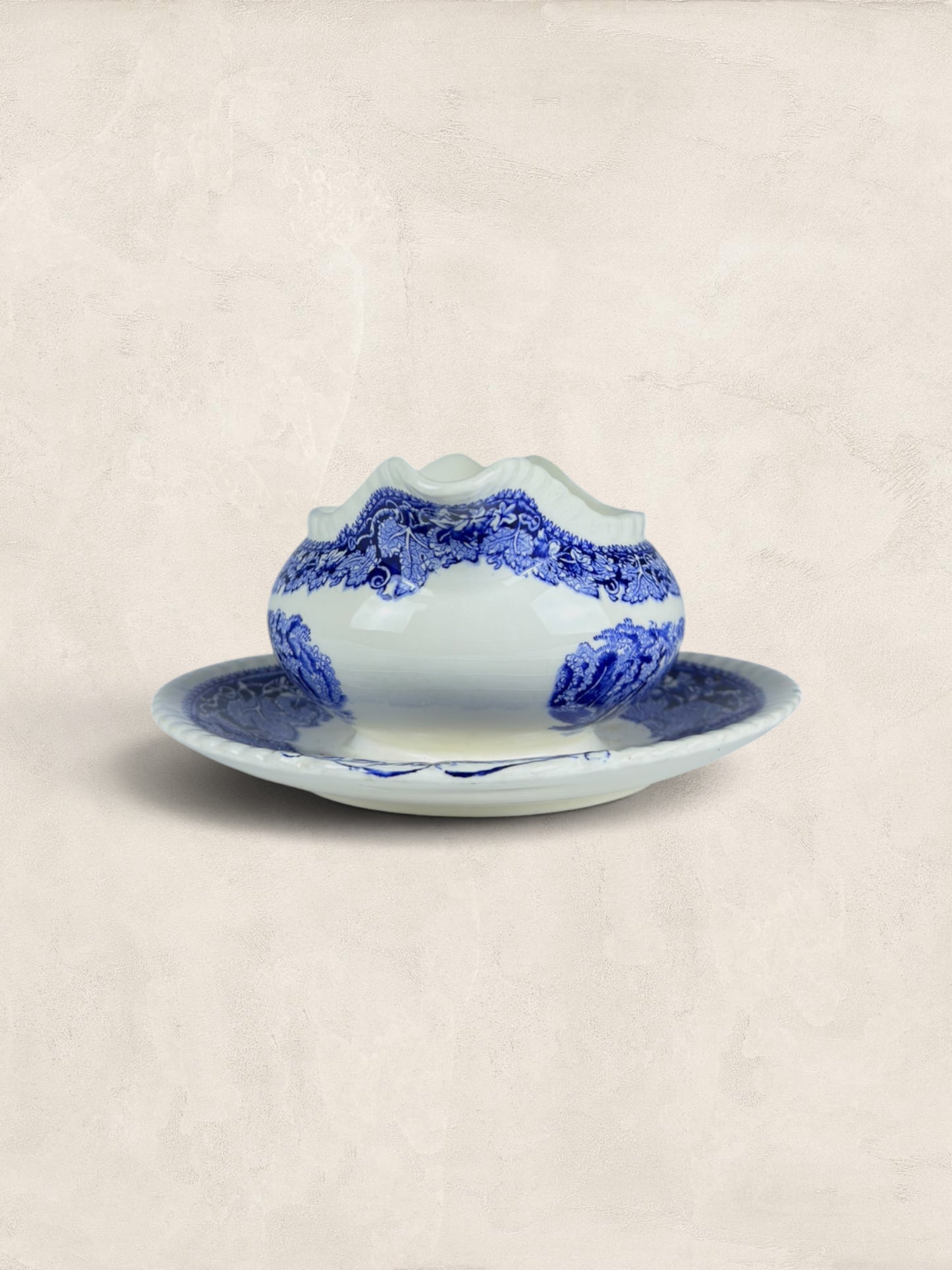 Mason Victorian blue-and-white transfer-printed gravy boat and stand