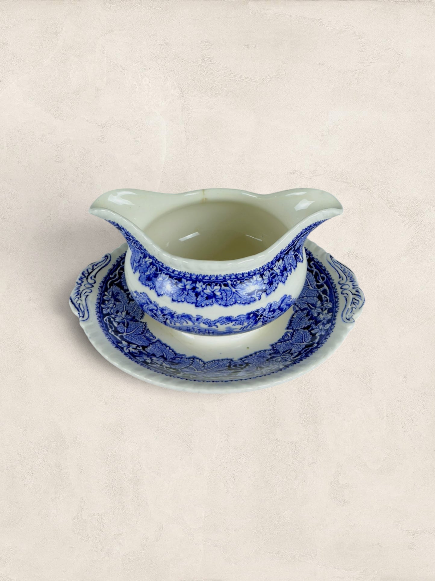 Mason Victorian blue-and-white transfer-printed gravy boat and stand