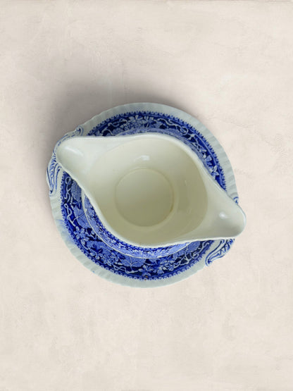 Mason Victorian blue-and-white transfer-printed gravy boat and stand