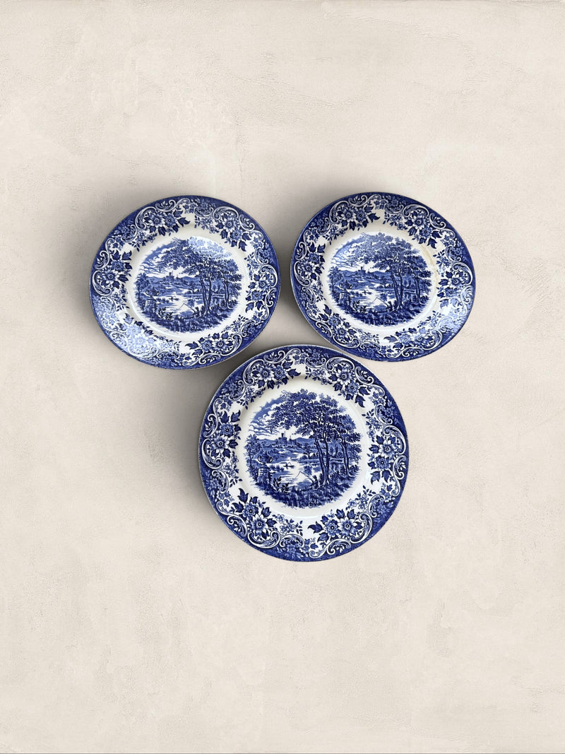 English Blue & White Transferware Broadhurst Staffordshire Ironstone Dinner Plates, Set of 3