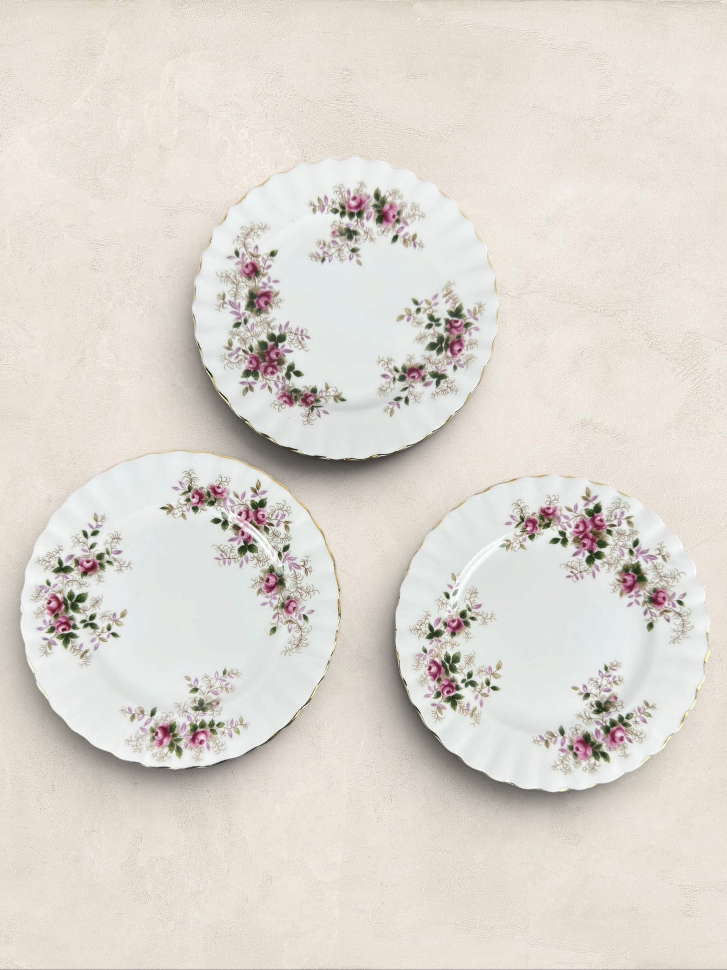 English Roslyn Fine Bone China Pink Rose Dessert Plates, Set of Three