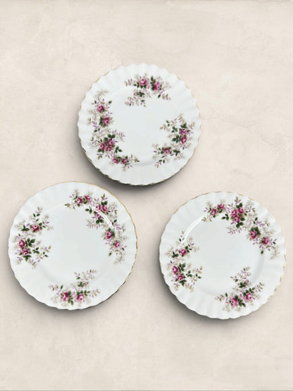 English Roslyn Fine Bone China Pink Rose Dessert Plates, Set of Three