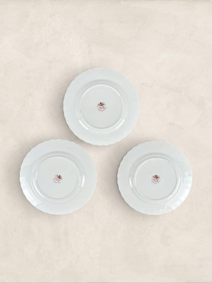 English Roslyn Fine Bone China Pink Rose Dessert Plates, Set of Three
