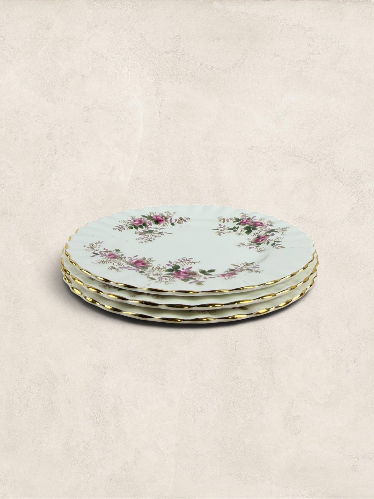 English Roslyn Fine Bone China Pink Rose Dessert Plates, Set of Three
