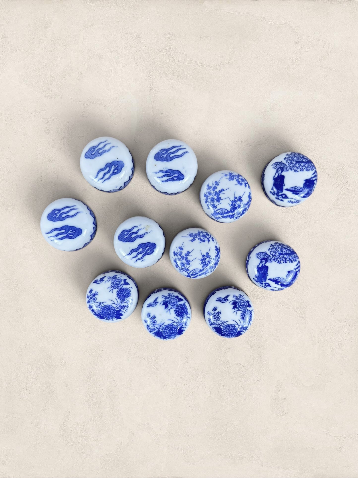 Set of 11 Antique Blue and White Porcelain Open Salt Cellars