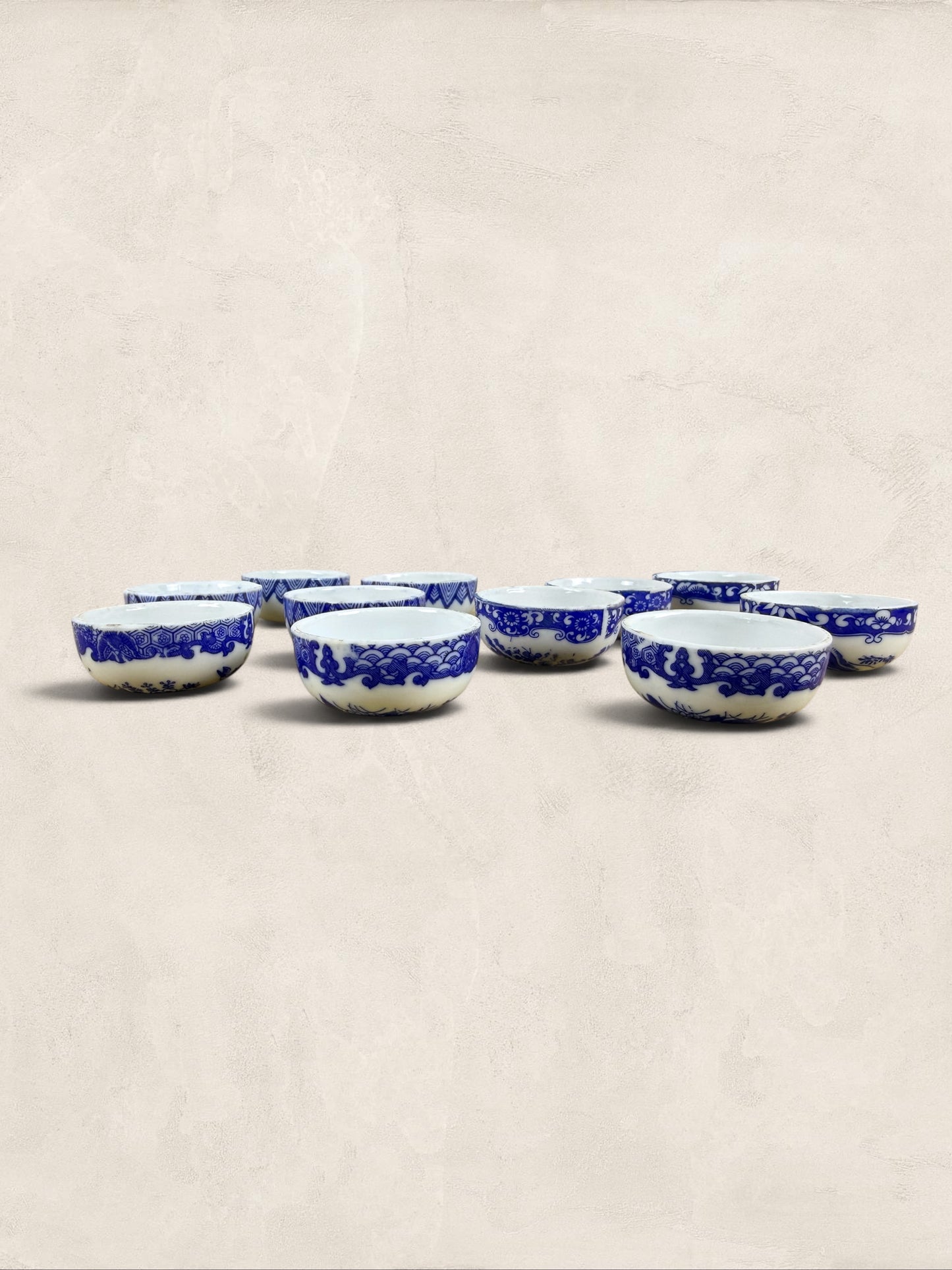 Set of 11 Antique Blue and White Porcelain Open Salt Cellars