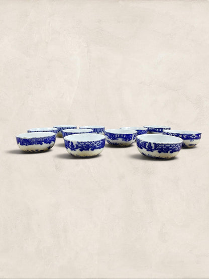 Set of 11 Antique Blue and White Porcelain Open Salt Cellars