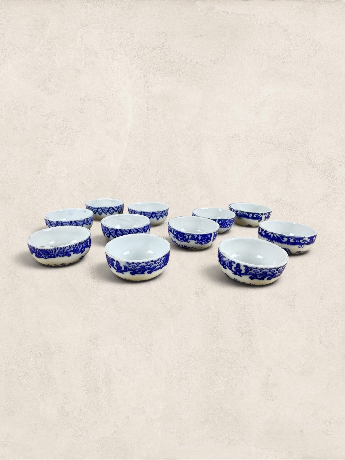 Set of 11 Antique Blue and White Porcelain Open Salt Cellars
