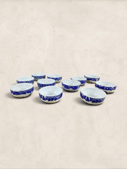 Set of 11 Antique Blue and White Porcelain Open Salt Cellars