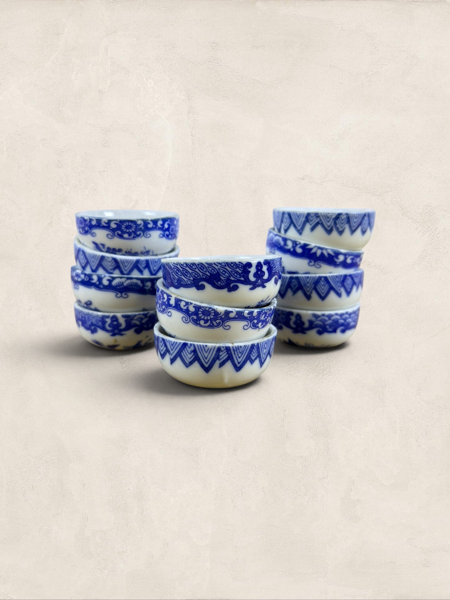 Set of 11 Antique Blue and White Porcelain Open Salt Cellars