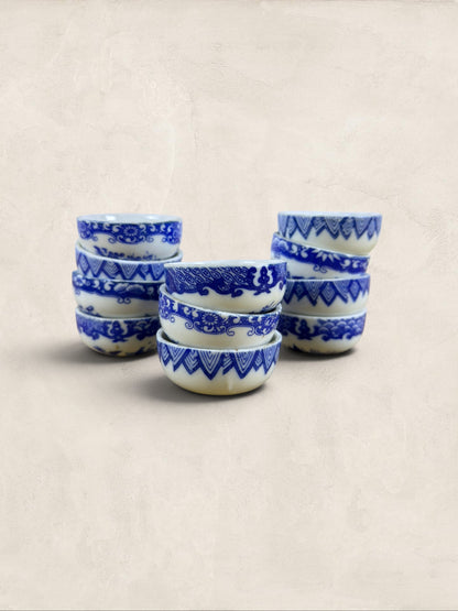 Set of 11 Antique Blue and White Porcelain Open Salt Cellars