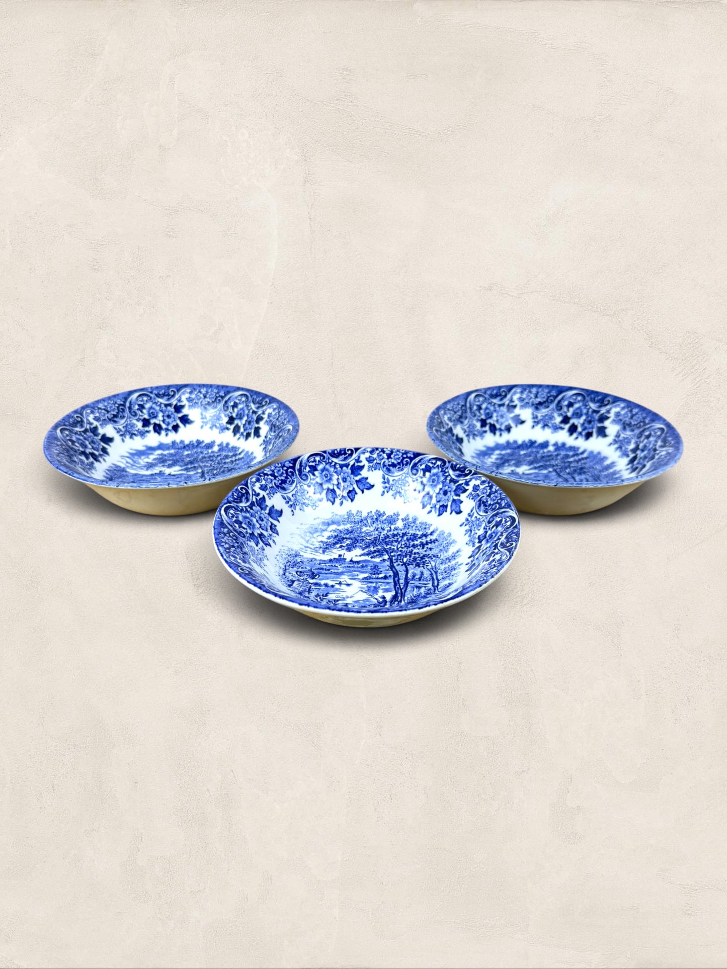 English Churchill Blue & White Fishing Scene Transferware Bowls, Set of 3