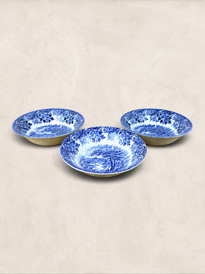 English Churchill Blue & White Fishing Scene Transferware Bowls, Set of 3