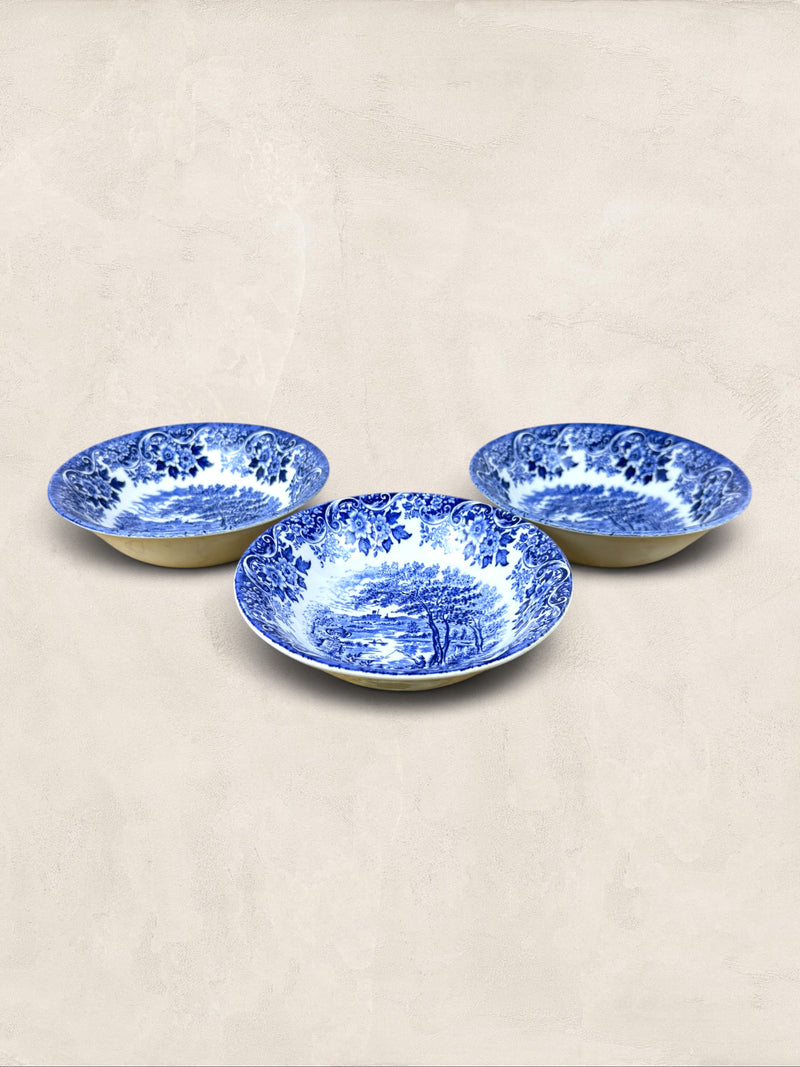 English Churchill Blue & White Fishing Scene Transferware Bowls, Set of 3