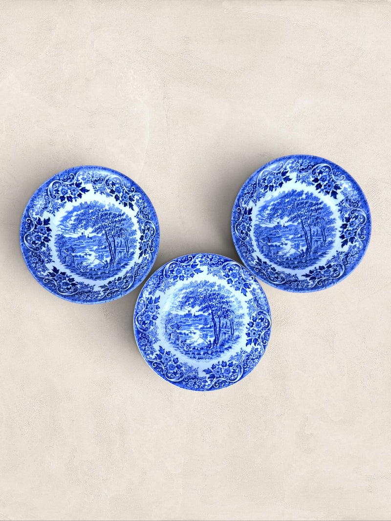 English Churchill Blue & White Fishing Scene Transferware Bowls, Set of 3