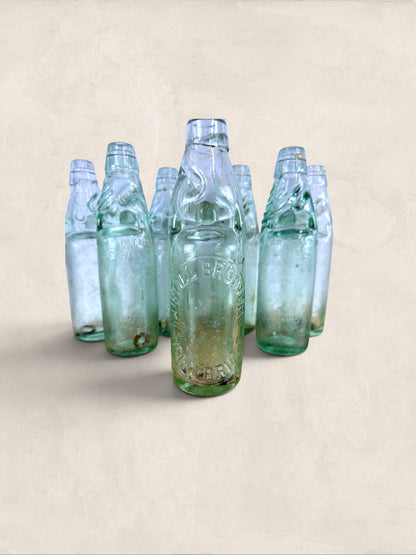 Collection of 9 English Antique Aqua Glass Cod Neck Marble Bottles, Bristol, Circa 1900
