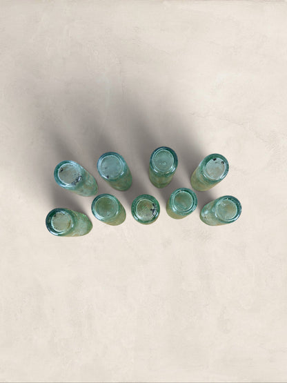 Collection of 9 English Antique Aqua Glass Cod Neck Marble Bottles, Bristol, Circa 1900