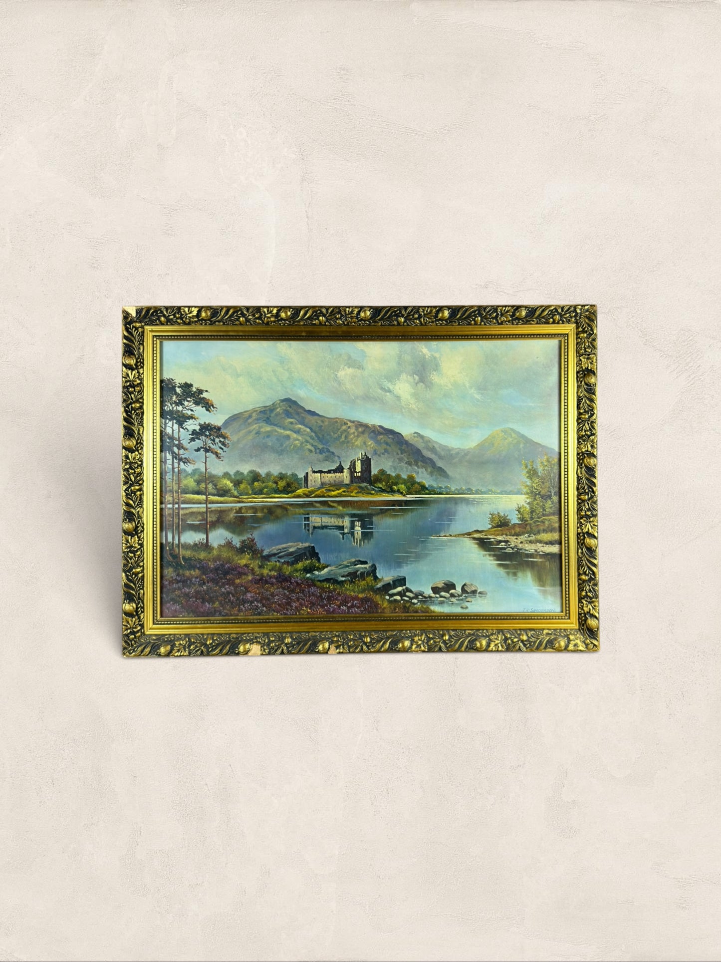 English Framed Highland Loch Landscape with Castle, Signed 'TR Sanderson'