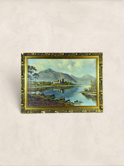 English Framed Highland Loch Landscape with Castle, Signed 'TR Sanderson'
