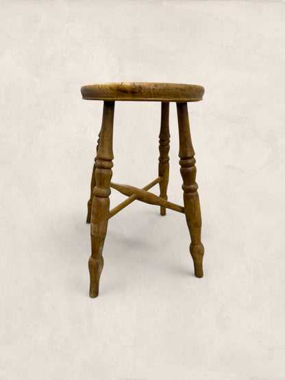 English Elm Milking Stool with Turned Legs