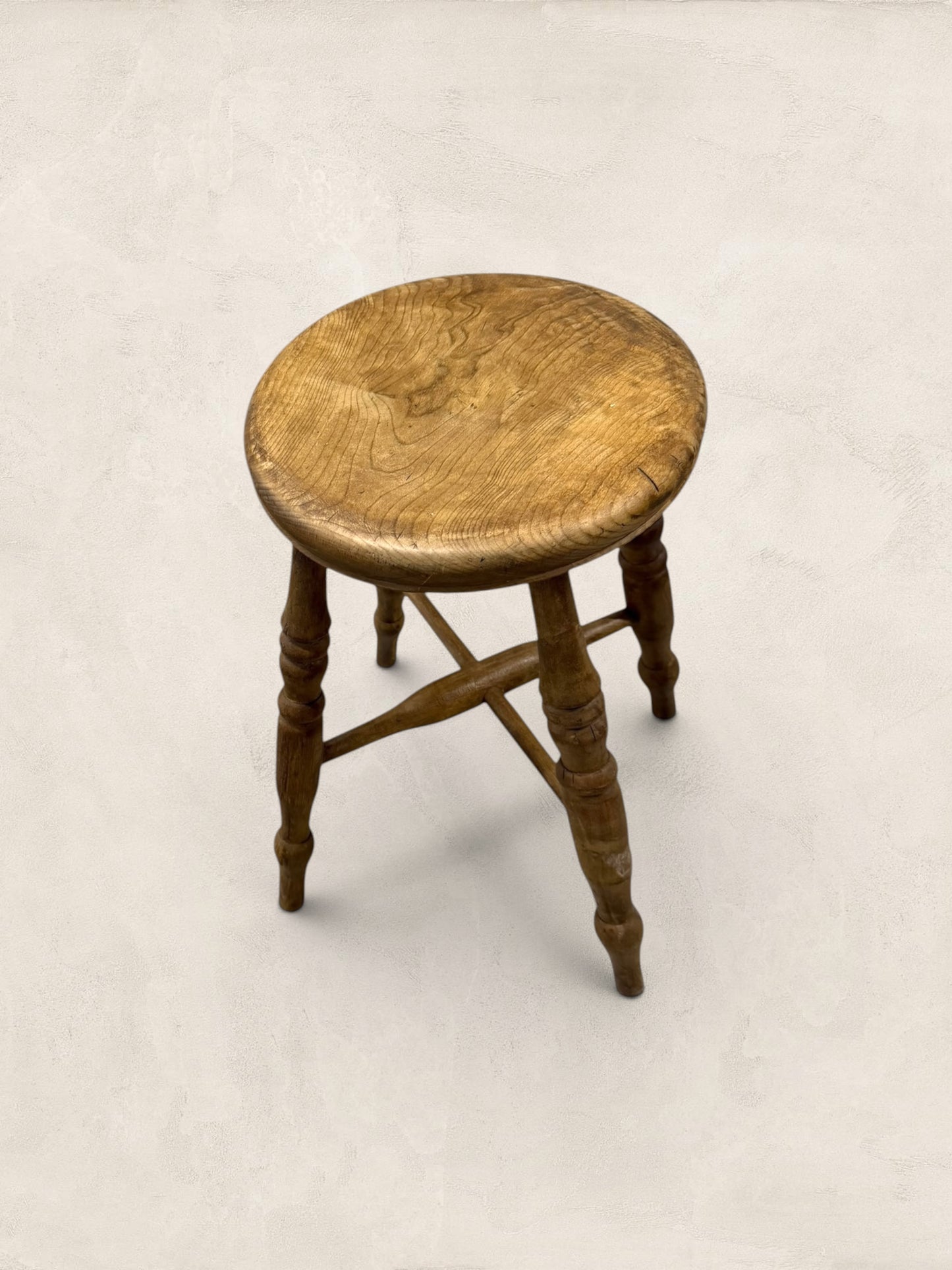 English Elm Milking Stool with Turned Legs