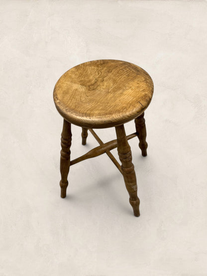 English Elm Milking Stool with Turned Legs