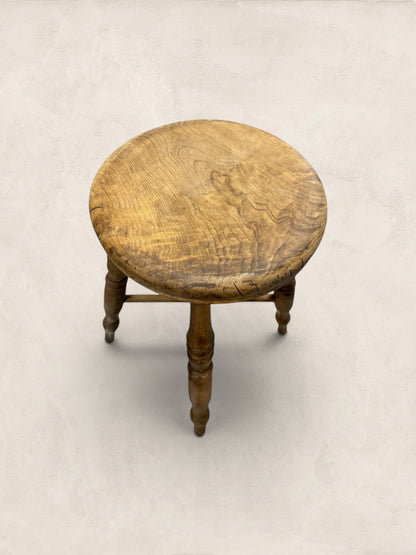 English Elm Milking Stool with Turned Legs