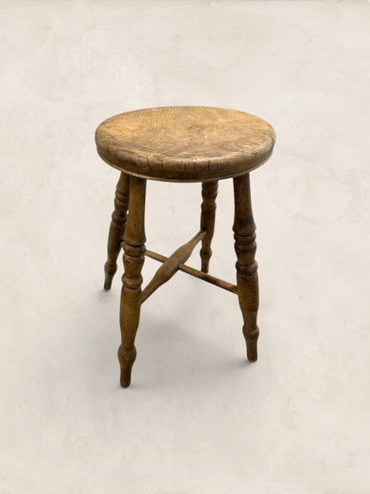 English Elm Milking Stool with Turned Legs
