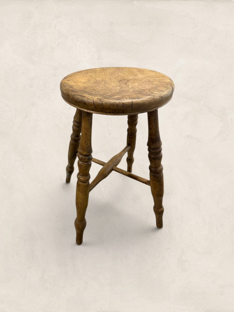 English Elm Milking Stool with Turned Legs
