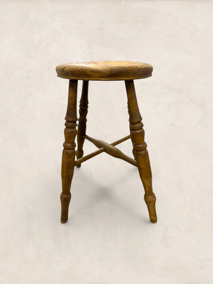 English Elm Milking Stool with Turned Legs