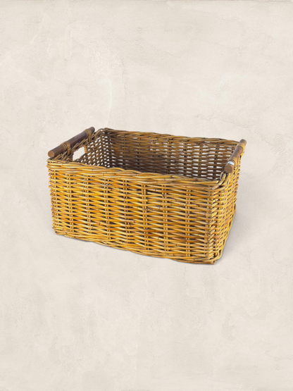 English Wicker Storage Basket With Wooden Handles