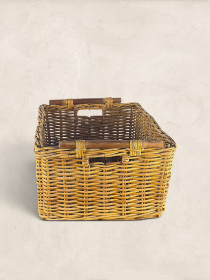 English Wicker Storage Basket With Wooden Handles