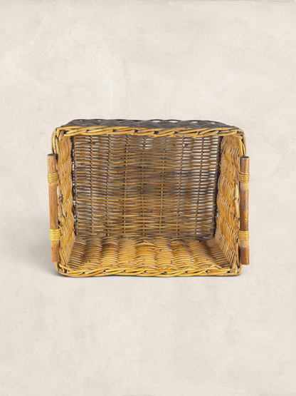 English Wicker Storage Basket With Wooden Handles