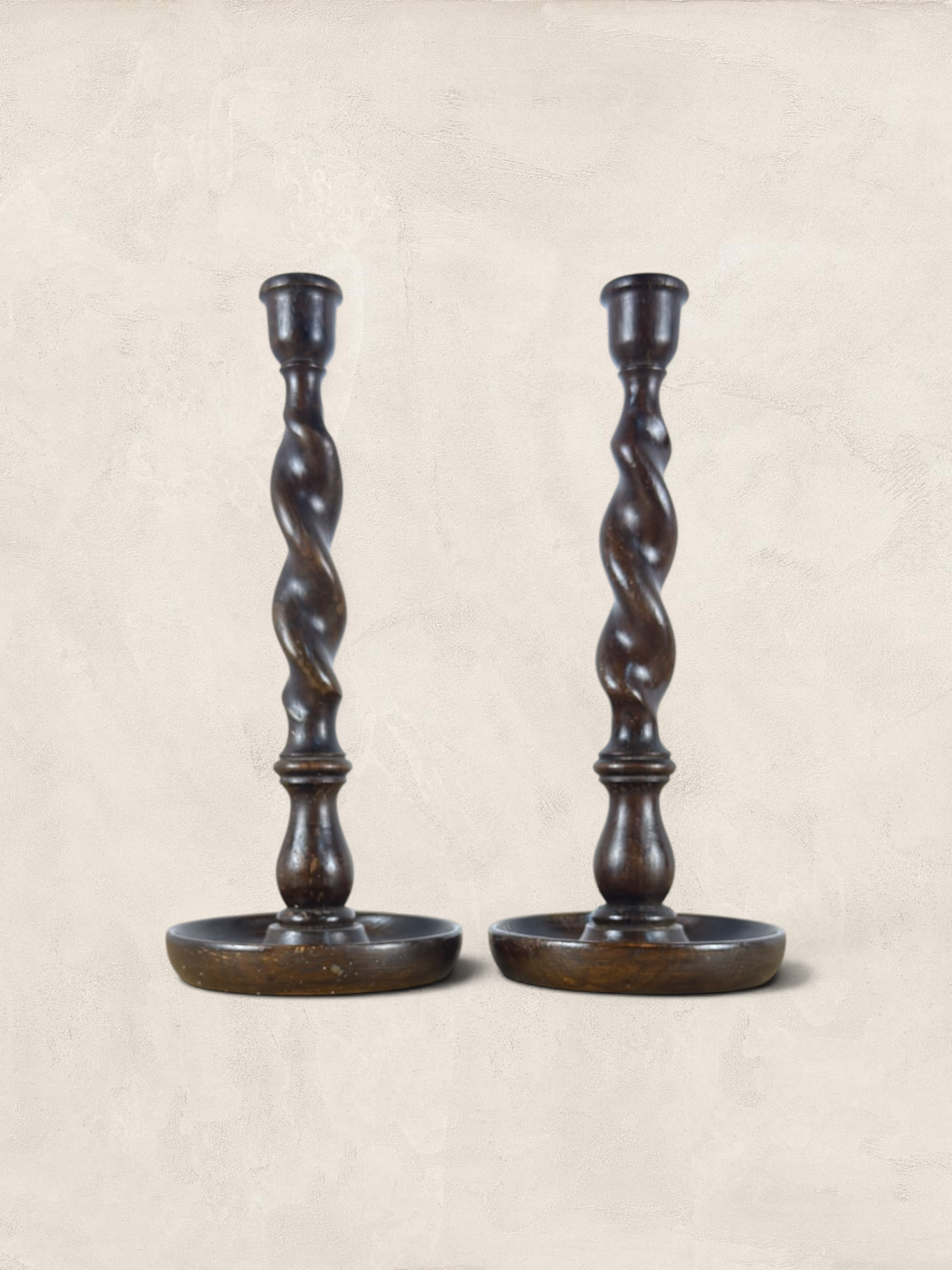English Oak Barley Twist Large Candlesticks