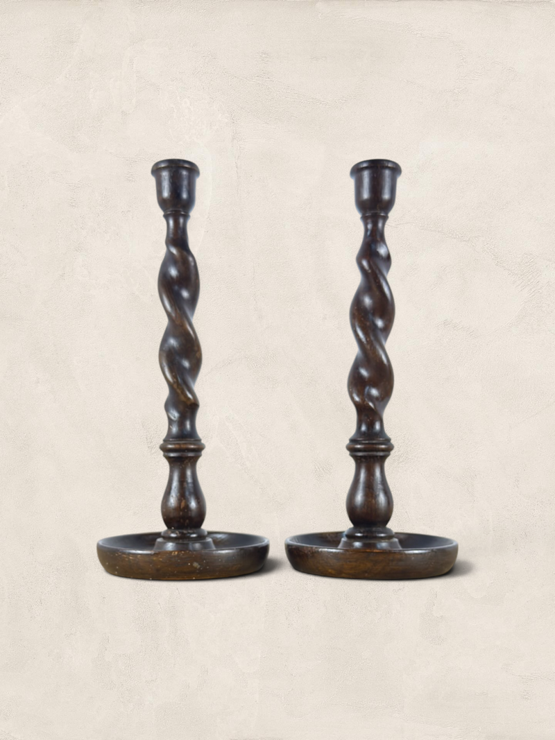 English Oak Barley Twist Large Candlesticks