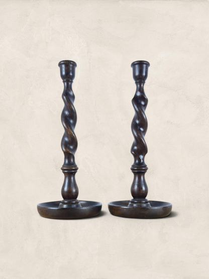 English Oak Barley Twist Large Candlesticks