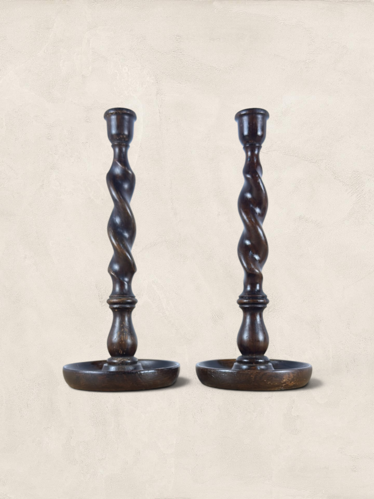 English Oak Barley Twist Large Candlesticks