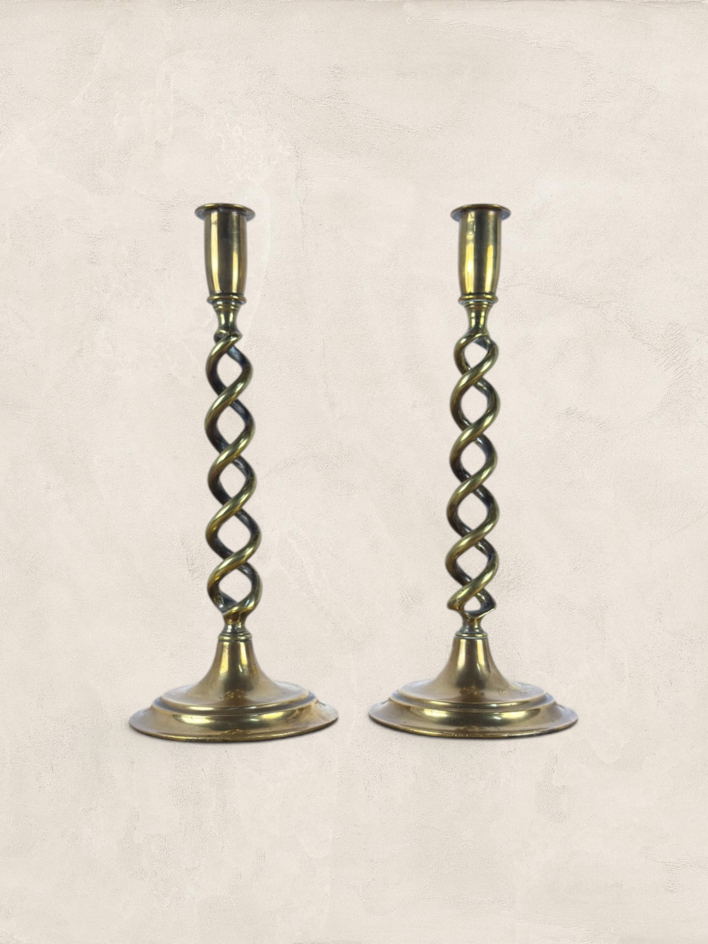 Antique English Pair of Large Brass Twist Candlesticks