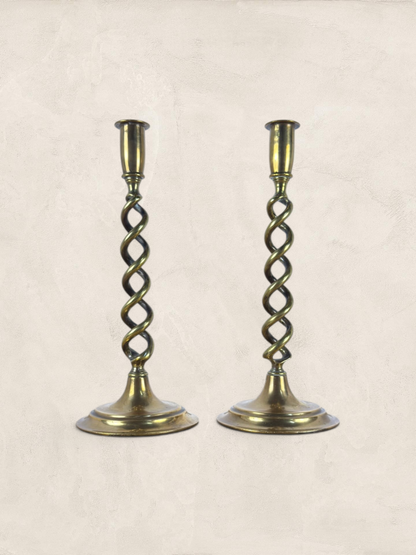 Antique English Pair of Large Brass Twist Candlesticks