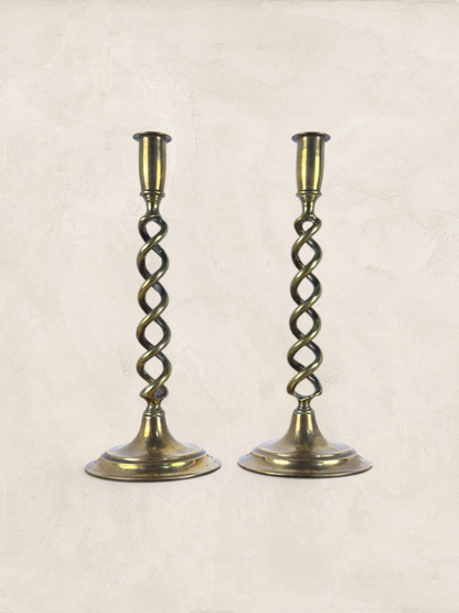 Antique English Pair of Large Brass Twist Candlesticks